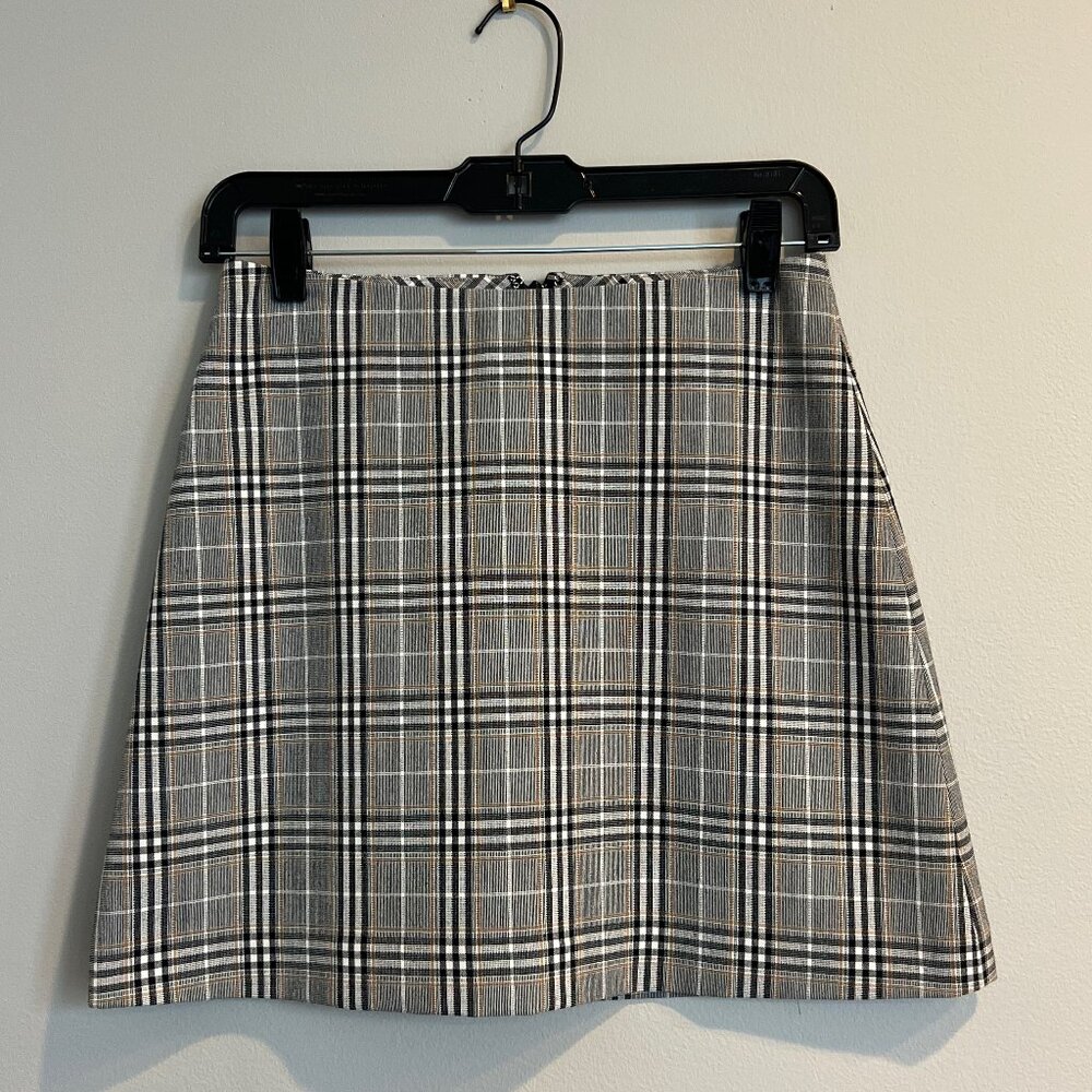 Wilfred/Aritzia Black/White/Tan Plaid A-Line Mini Skirt Size 2